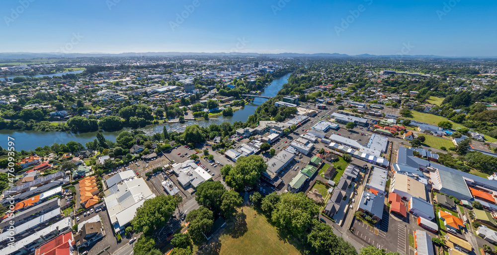 Aerial drone panoramic view, looking from Hamilton East to the CBD, over the city of Hamilton (Kirikiriroa) in the Waikato region of New Zealand.