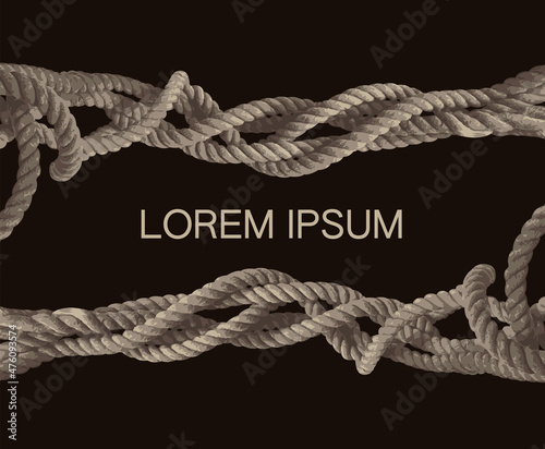 Vector background with the words Lorem ipsum and a tangled old strong rope on a black backdrop. Suitable for banner, label, card, business card, certificate, diploma, invitation