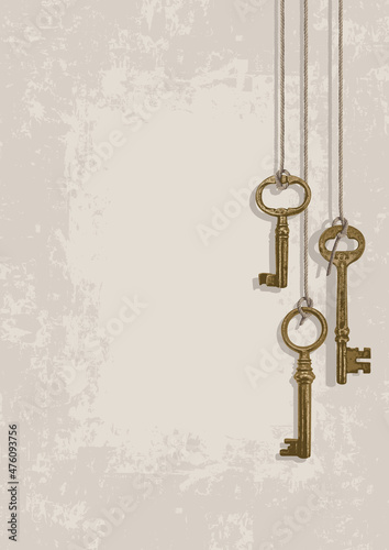 Vector background with beautiful old keys and a place for text on a light backdrop in grunge style. Vintage illustration with realistic golden antique keys hanging on a ropes © paseven