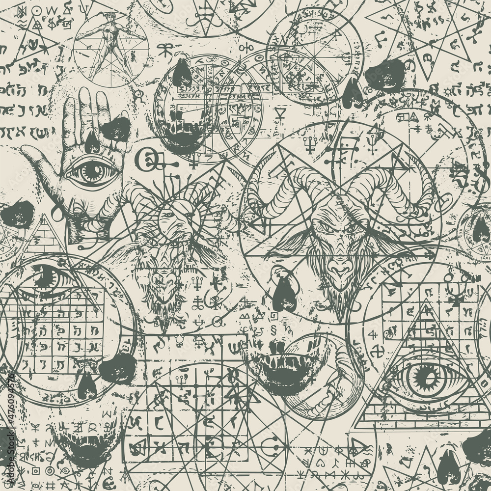 Abstract seamless pattern with hand-drawn goat head, all-seeing eye, human skulls, vitruvian man, occult and esoteric symbols on an old paper backdrop. Monochrome vector background in grunge style