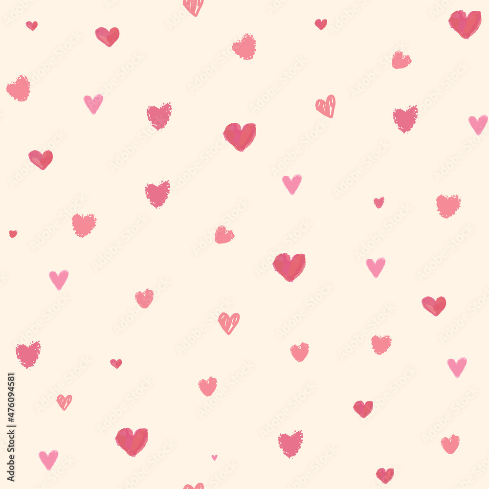 Simple hearts seamless vector pattern. watercolor Valentines day background. Flat design endless chaotic texture made of tiny heart silhouettes. pink