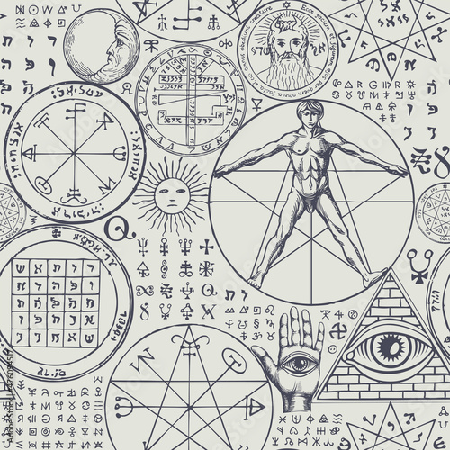 Abstract seamless pattern with hand-drawn vitruvian man, all-seeing eye, sun, moon, pentacle, hamsa, mystic and esoteric symbols on a light backdrop. Monochrome vector background in retro style