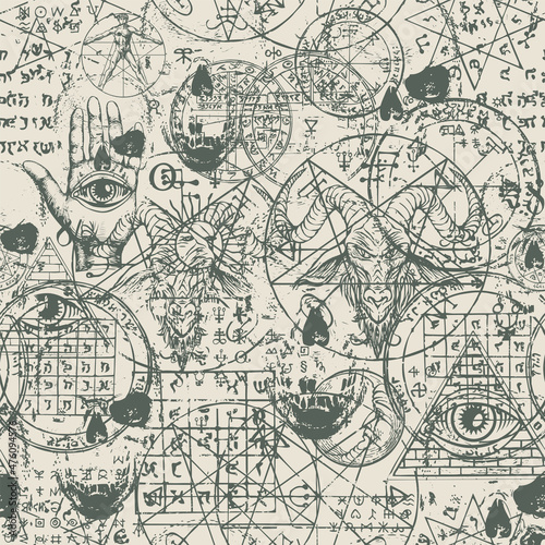 Abstract seamless pattern with hand-drawn goat head, all-seeing eye, human skulls, vitruvian man, occult and esoteric symbols on an old paper backdrop. Monochrome vector background in grunge style © paseven
