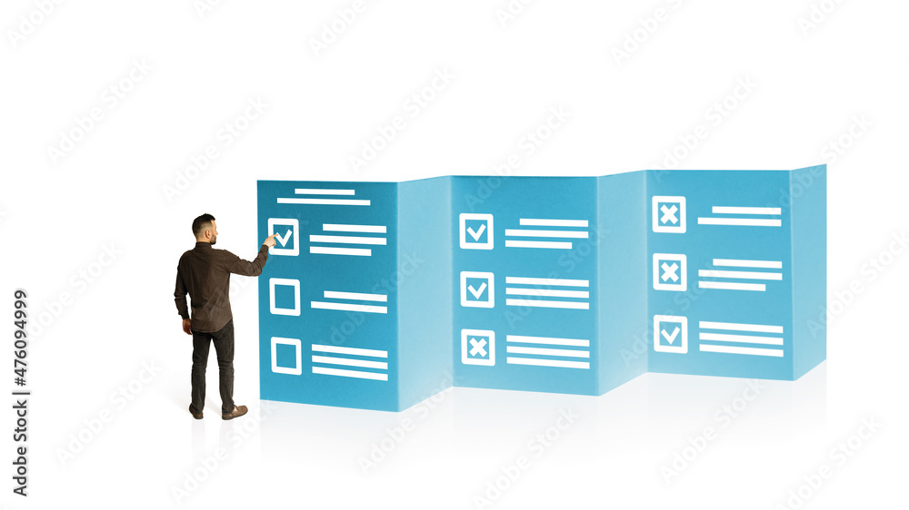 The man fills out a questionnaire, art collage. Isolated on white. The man fills out a questionnaire, art collage. Isolated on white.