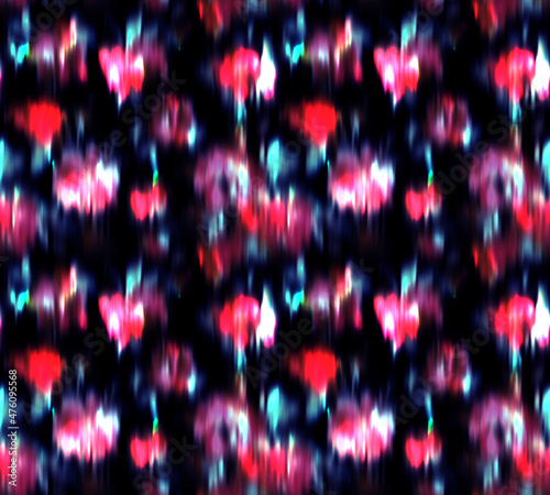 Watercolor floral seamless pattern on black  opulent blossom Shibori print Botanical ornament in trendy style.Distorted florals in bloom. Backdrop for cloth, dress, fabric, textile, texture, wrapping,
