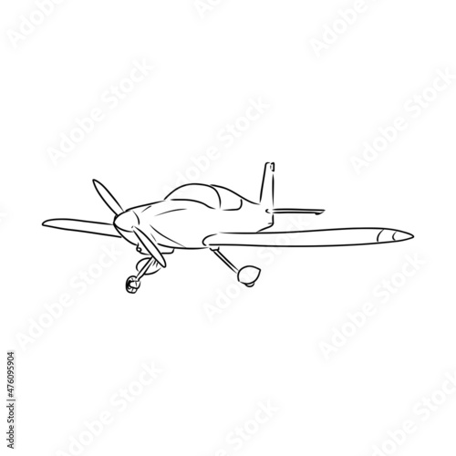 Light single-engine aircraft with pilot flies against the background of an abstract landscape. Vector illustration.