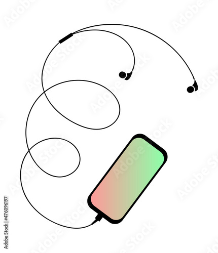 Silhouette of a mobile phone with wired headphones. Listen to music, radio, audio. Color screen. Vector isolated illustration
