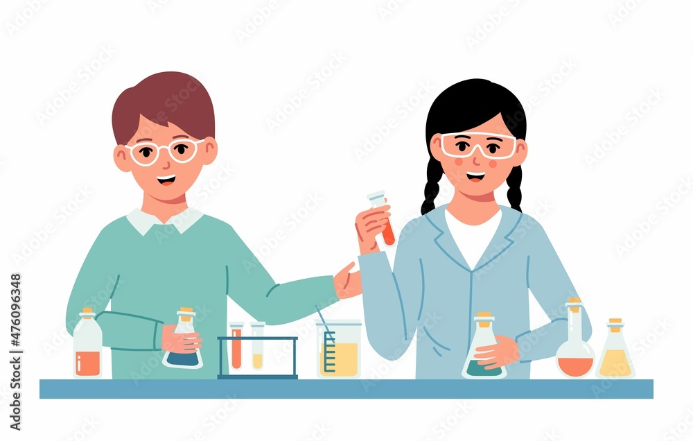 Fototapeta premium Little Students Doing Chemical Experiment. Chemistry laboratory. Little boy and girl scientist in classroom at chemistry lesson. School chemical laboratory with glass flask and test tubes. 