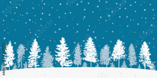 Winter forest with show at night, beautiful landscape. Silhouette of spruce trees. Vector illustration