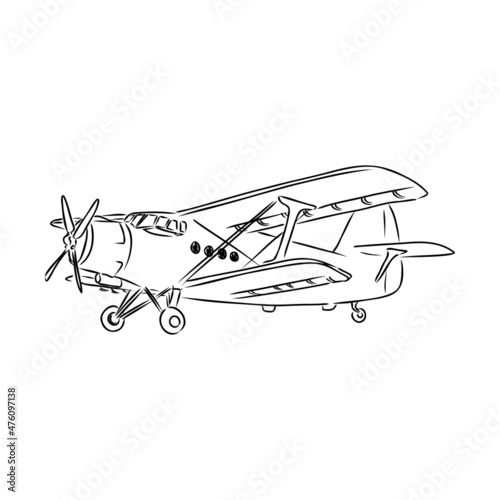 Light single-engine aircraft with pilot flies against the background of an abstract landscape. Vector illustration.