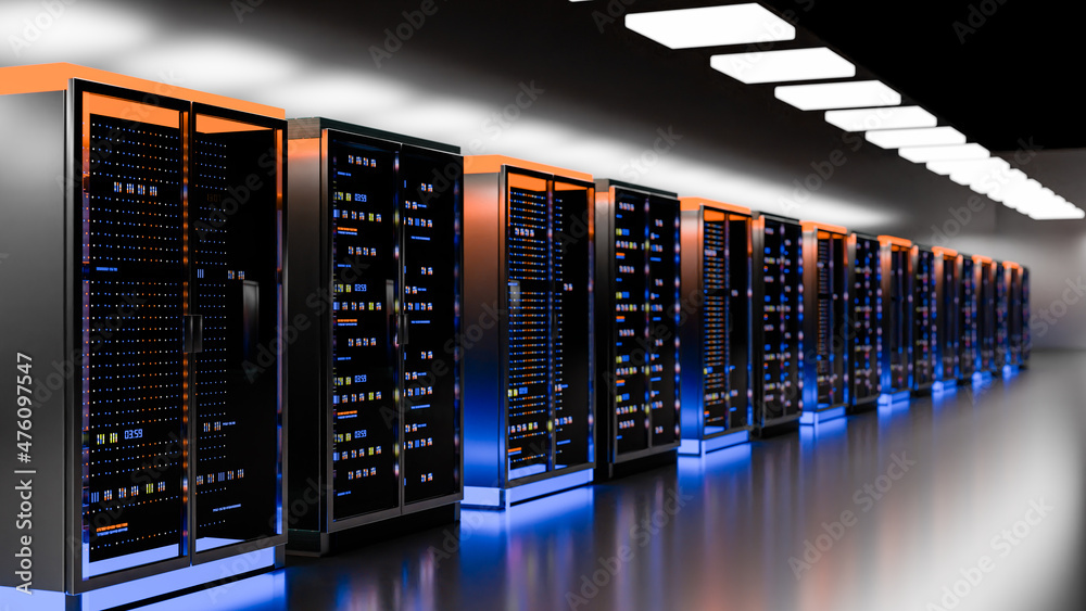 Servers. Servers room data center. Backup, mining, hosting, mainframe, farm and computer rack with storage information. 3d render Servers. Servers room data center. Backup, mining, hosting, mainframe, farm and computer rack with storage information. 3d render