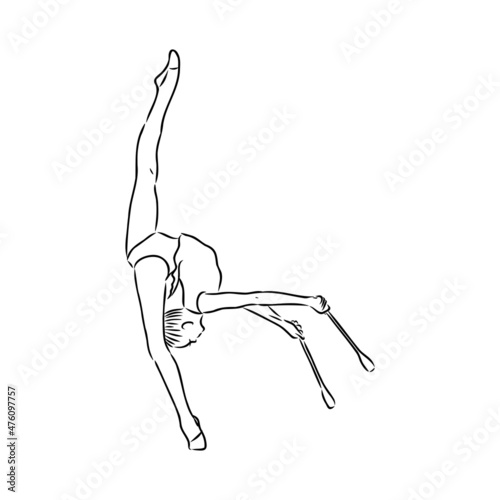 Rhythmic gymnastics competition vector minimalistic banner. Girl, women with ribbon. Sport event. Gymnast dances. One continuous line drawing.