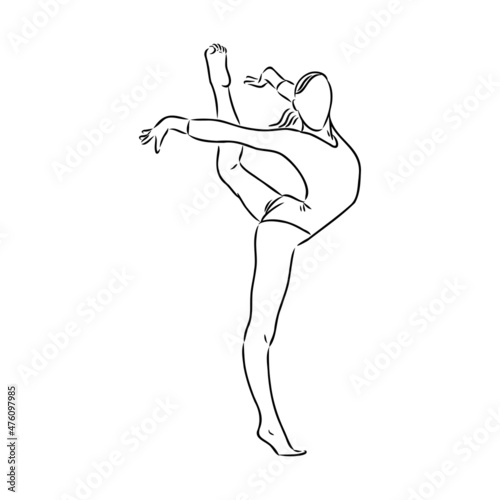 Rhythmic gymnastics competition vector minimalistic banner. Girl, women with ribbon. Sport event. Gymnast dances. One continuous line drawing.