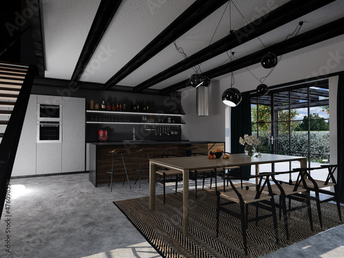3D rendering of kitchen and dining room in artificial interior with table and counter with bar stools