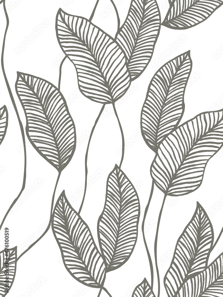 seamless abstract pattern with gray leaves on white, painted with a brush, vector
