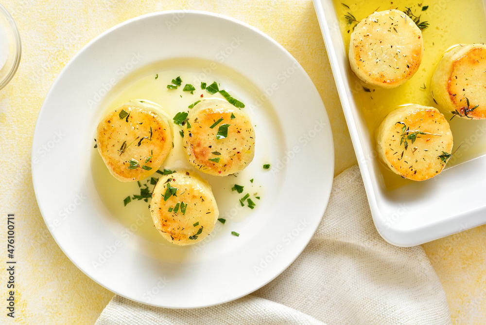 Fondant potatoes on plate Fondant potatoes on plate