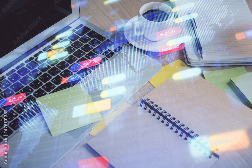 Multi exposure of technology theme drawing and desktop with coffee and items on table background. Concept of data research.