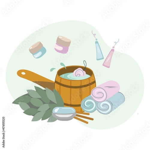 Cartoon set of accessories for bath and sauna, spa treatment. Hygiene products. Birch broom, soap, tub of water, towels, cream, shampoo, washcloth. Folk remedies for health improvement. Vector flat