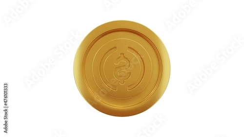 Coinlist golden coin on white background with alpha mask. Golden USDC coin rotating 360 degrees. Cryptocurrency token.