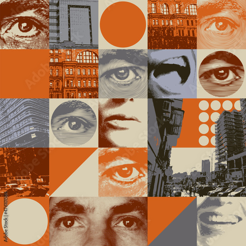 Abstract seamless pattern in the form of a collage with fragments of urban landscapes, human eyes and mouths. Chaotic vector background in retro style. Suitable for wallpaper, wrapping paper, fabric