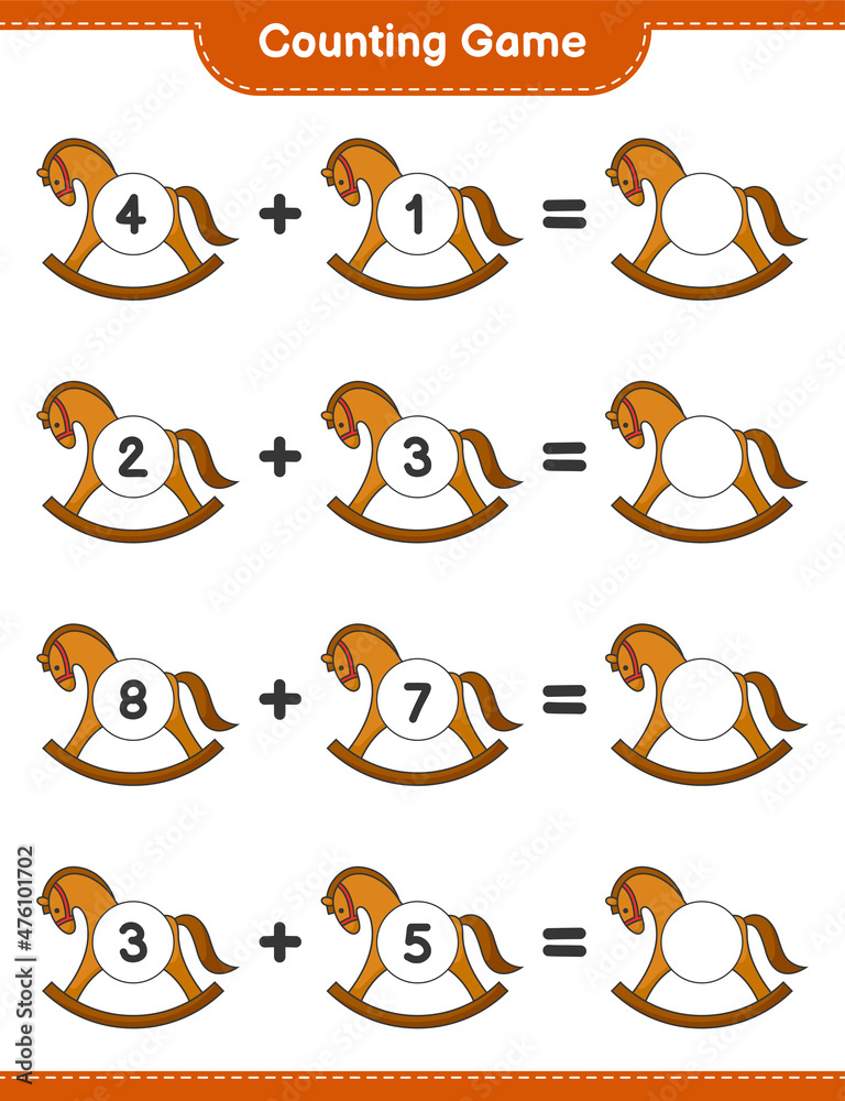 Count and match, count the number of Rocking Horse and match with the right numbers. Educational children game, printable worksheet, vector illustration