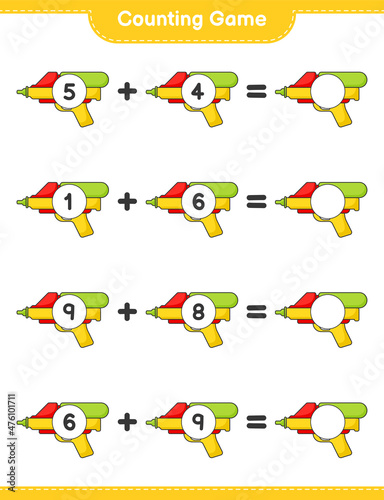 Count and match, count the number of Water Gun and match with the right numbers. Educational children game, printable worksheet, vector illustration
