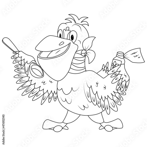 Coloring book for children. A pelican with a sore throat drinks medicine from a spoon. The task for children can be used in a book, magazine.