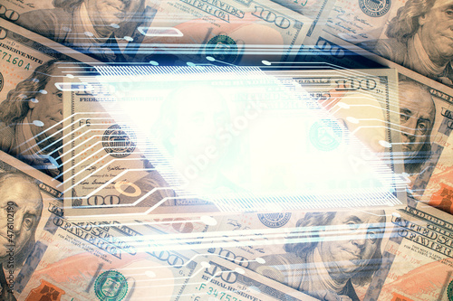 Double exposure of data theme drawing over us dollars bill background. Technology concept. © peshkova