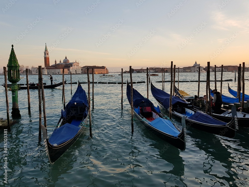VENICE, ITALY - 2018. Gondolas on the sea of the Gulf of Venice.