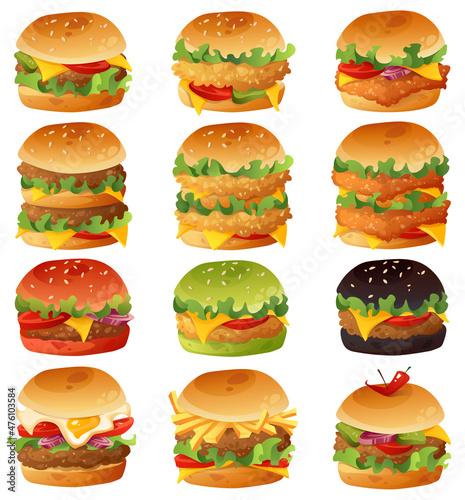 set of vector drawn burgers of different types on white background for advertising posters, fast food and cafe 