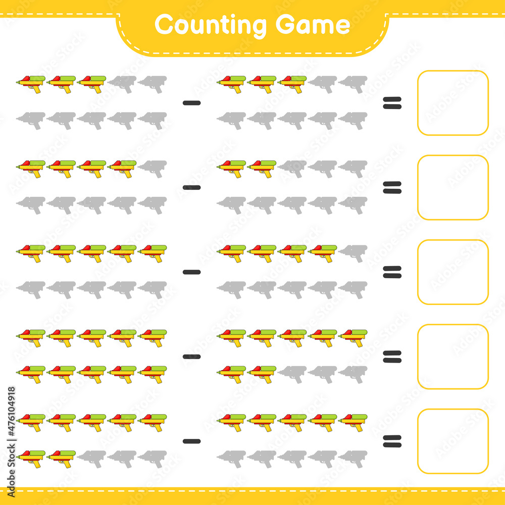 Count and match, count the number of Water Gun and match with the right numbers. Educational children game, printable worksheet, vector illustration Count and match, count the number of Water Gun and match with the right numbers. Educational children game, printable worksheet, vector illustration
