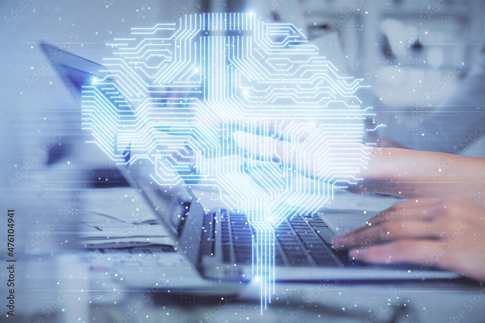 Multi exposure of woman hands working on computer and brain hologram drawing. Ai concept. Multi exposure of woman hands working on computer and brain hologram drawing. Ai concept.