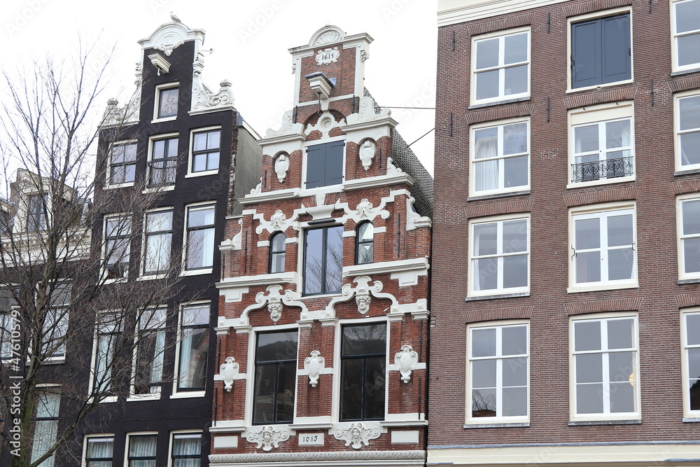 Amsterdam Oudezijds Voorburgwal Canal Historic House Facades with Sculpted Details, Netherlands