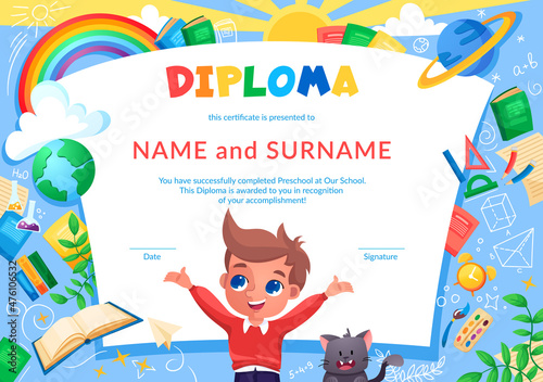 Colorful school and preschool diploma certificate for kids and children in kindergarten or primary grades with school pack, kit and cute happy pupil and cat. Vector cartoon flat illustration