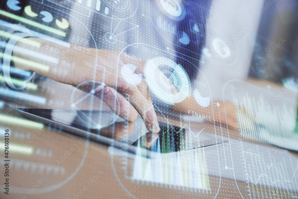 Double exposure of data theme hologram drawing and man and woman working together holding and using a mobile device. Double exposure of data theme hologram drawing and man and woman working together holding and using a mobile device.