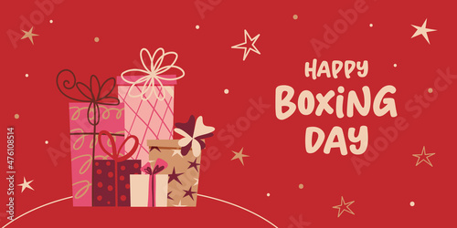 Happy Boxing Day vector banner with present box on red background. Flat style illustration text for headers, website, poster, invitation. Mid-Century Modern design