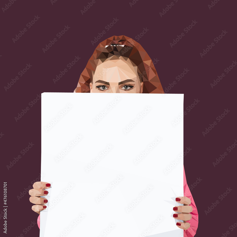 A girl in the style of low-polly. A girl holds a canvas in her hands for drawing. Space for text and advertising A girl in the style of low-polly. A girl holds a canvas in her hands for drawing. Space for text and advertising
