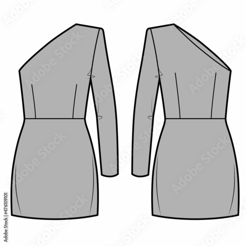 Elegant dress one shoulder with long sleeve, technical fashion illustration