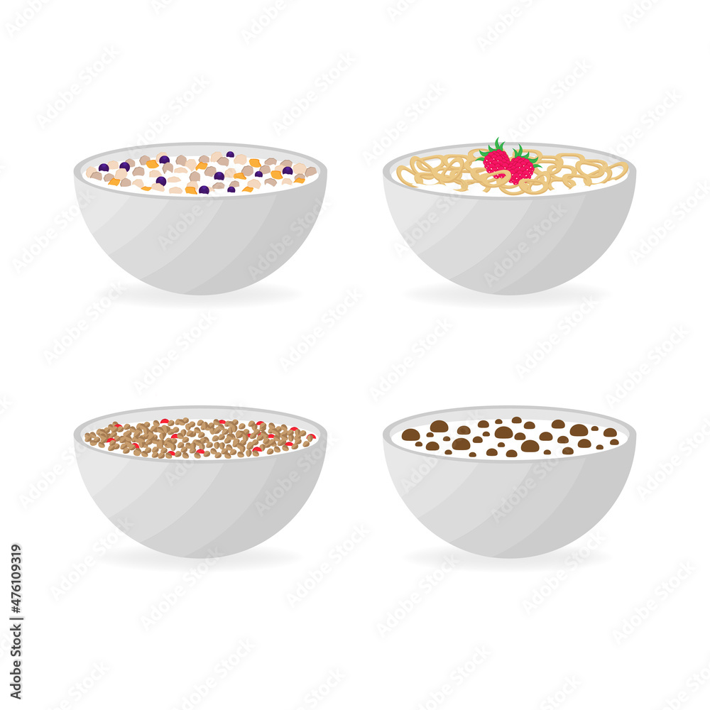 Healthy breakfast concept. Vector colorful illustration with bowls of breakfast cereal with different flavors