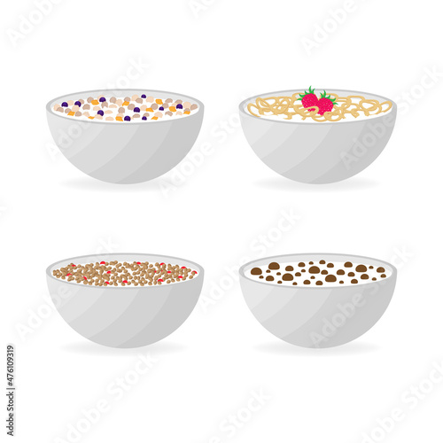 Obraz na płótnie Healthy breakfast concept. Vector colorful illustration with bowls of breakfast cereal with different flavors w salonie