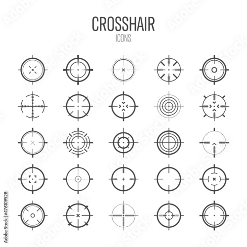 Crosshair, gun sight vector icons. Bullseye, black target or aim symbol. Military rifle scope, shooting mark sign. Targeting, aiming for a shot. Archery, hunting and sports shooting. Game UI element.
