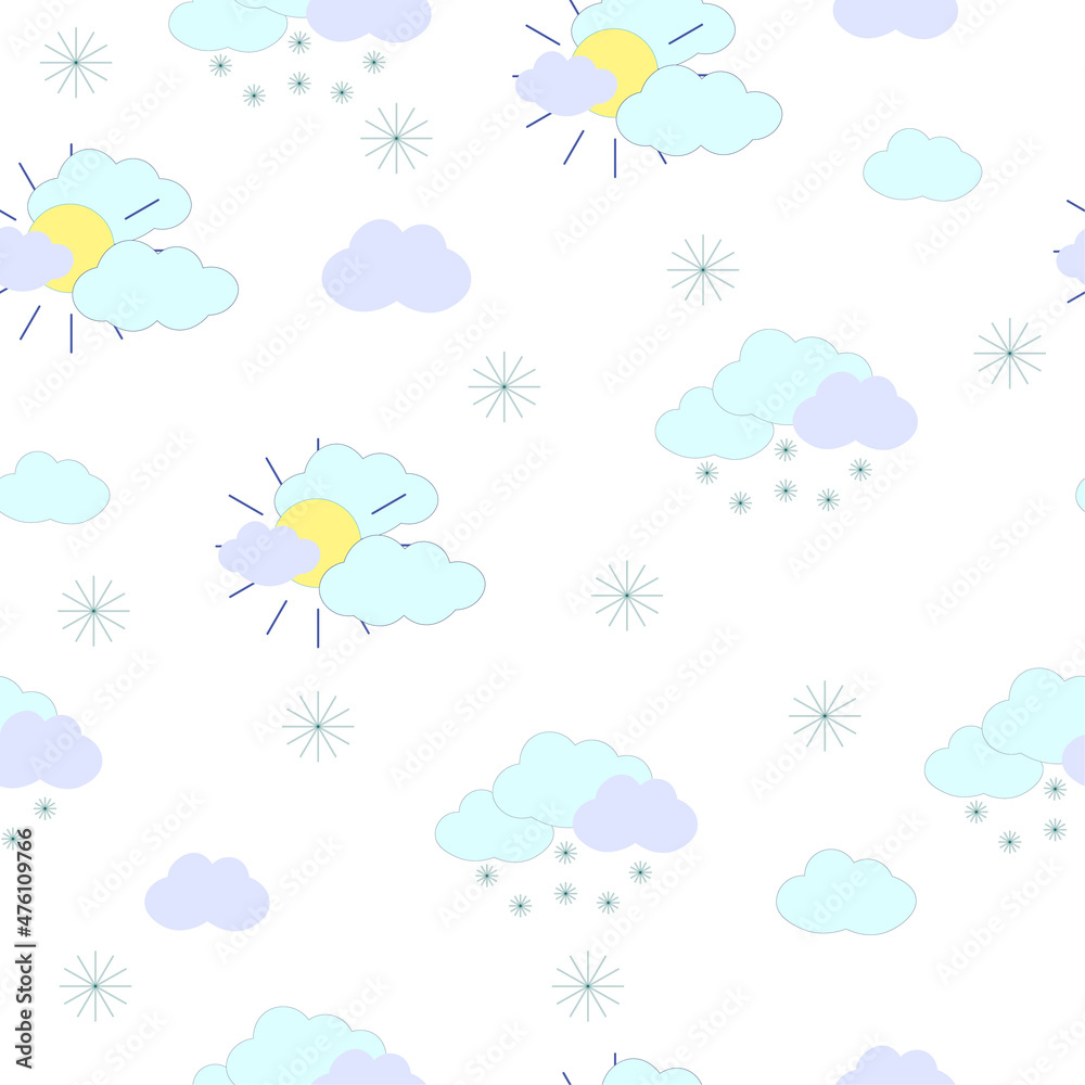  Vector clouds and snowflakes seamless pattern for trendy baby clothes and textiles. Vector design for paper, cover, gift wrapping, fabric, interior decor and other users.