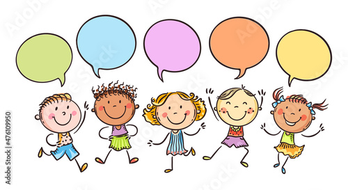 Happy doodle kids in a row with speech bubbles