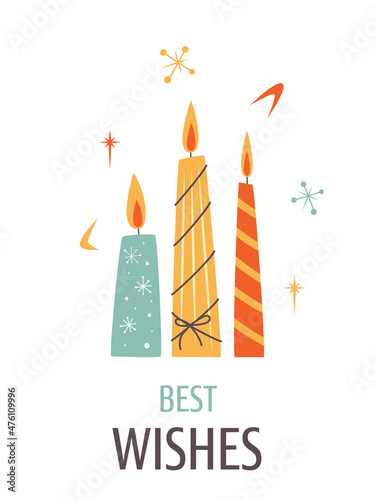 Minimalistic Greeting card with three candles and Best Wishes text in Vintage design style. Mid Century Modern Vector Illustrations. Seasons greeting