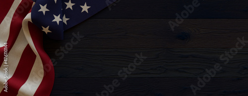 Presidents Day Background with American Flag on Dark Wood. United States Holiday wallpaper with copy space.