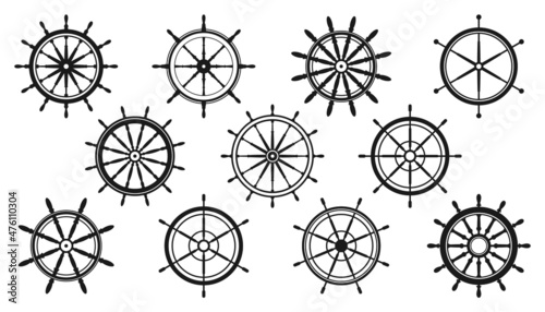 Collection of vintage steering wheels. Ship, yacht retro wheel symbol. Nautical rudder icon. Marine design element. Vector illustration