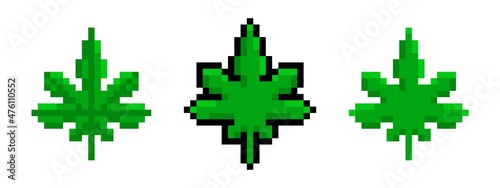 Pixel green hemp leaves set. Pixelated marijuana with narcotic relaxing effect natural ganja with medicinal vector effect