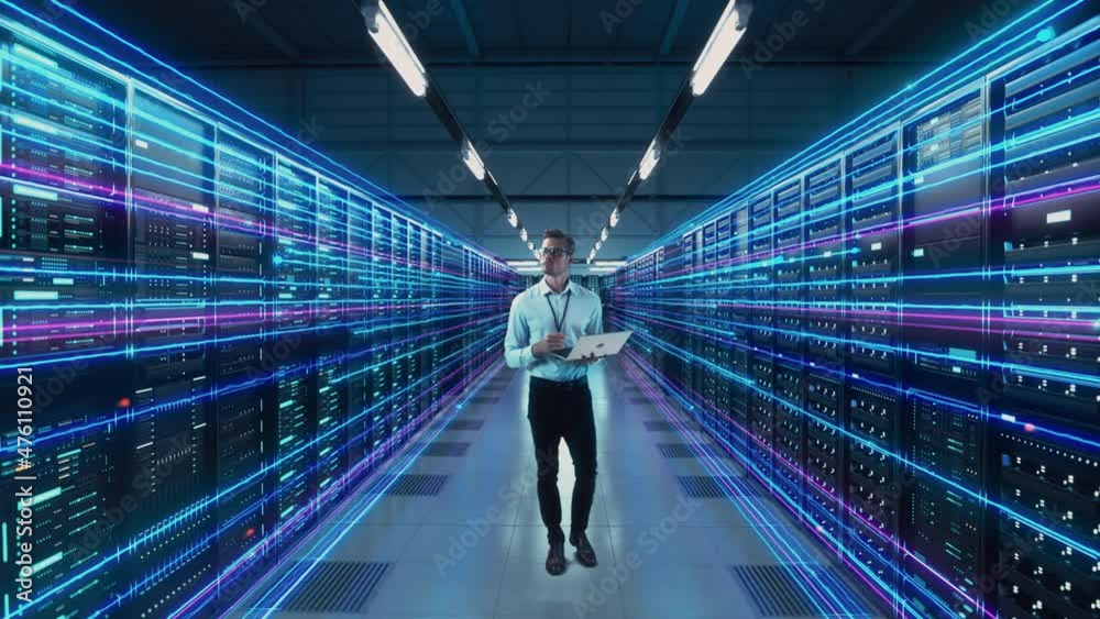 Futuristic Animated Concept: Big Data Center Chief Technology Officer Using Laptop Standing In Warehouse, Information Digitalization Lines Streaming Through Servers. SAAS, Cloud Computing, Web Service