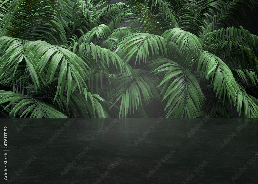 Background with tropical plants for product, cosmetic presentation. 3D rendering. Creative mock up. Natural empty scene for beauty products.