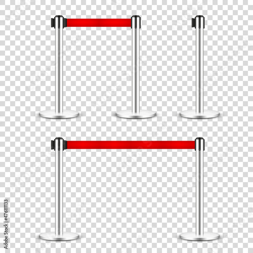 Realistic retractable belt stanchion on transparent background. Crowd control barrier posts with caution strap. Queue lines. Restriction border and danger tape. Vector illustration.